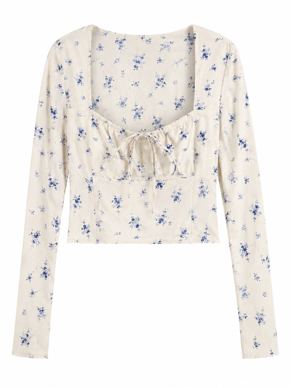 wild fable Cream Tie-Front Long Sleeve Top with Blue Floral Print